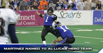 Arena football kicker and holder during play