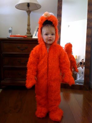 Toddler in fluffy orange animal costume