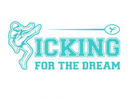 Football player kicking, "Kicking for the Dream".