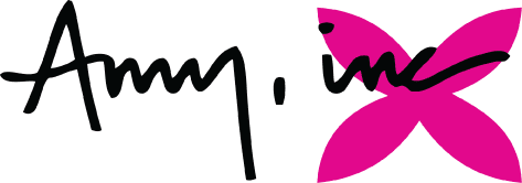 Stylized logo with pink flower design.