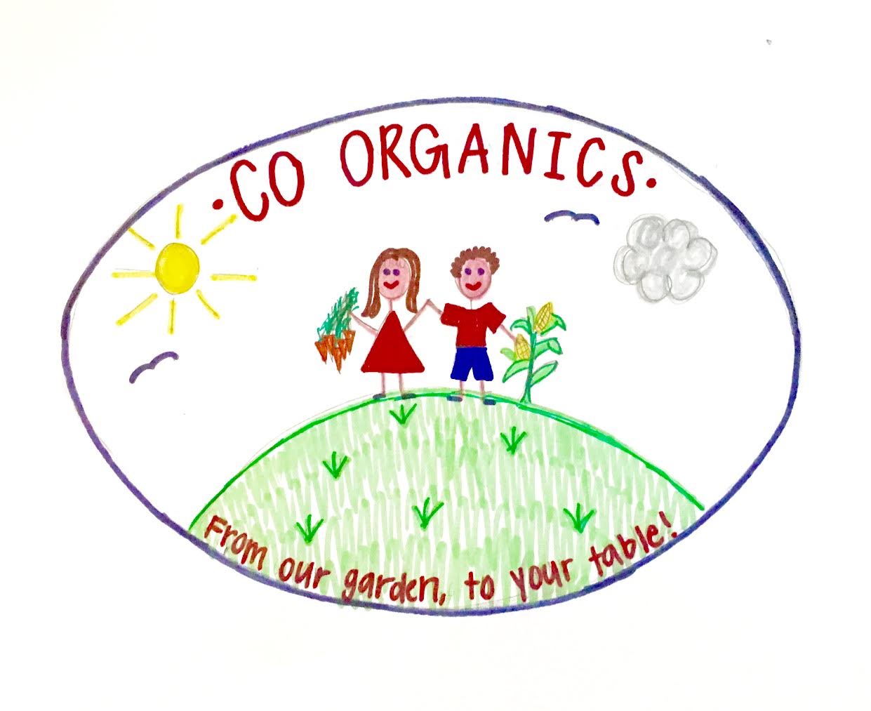 Childlike drawing promoting organic gardening.