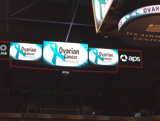 Ovarian Cancer Awareness signs in stadium.