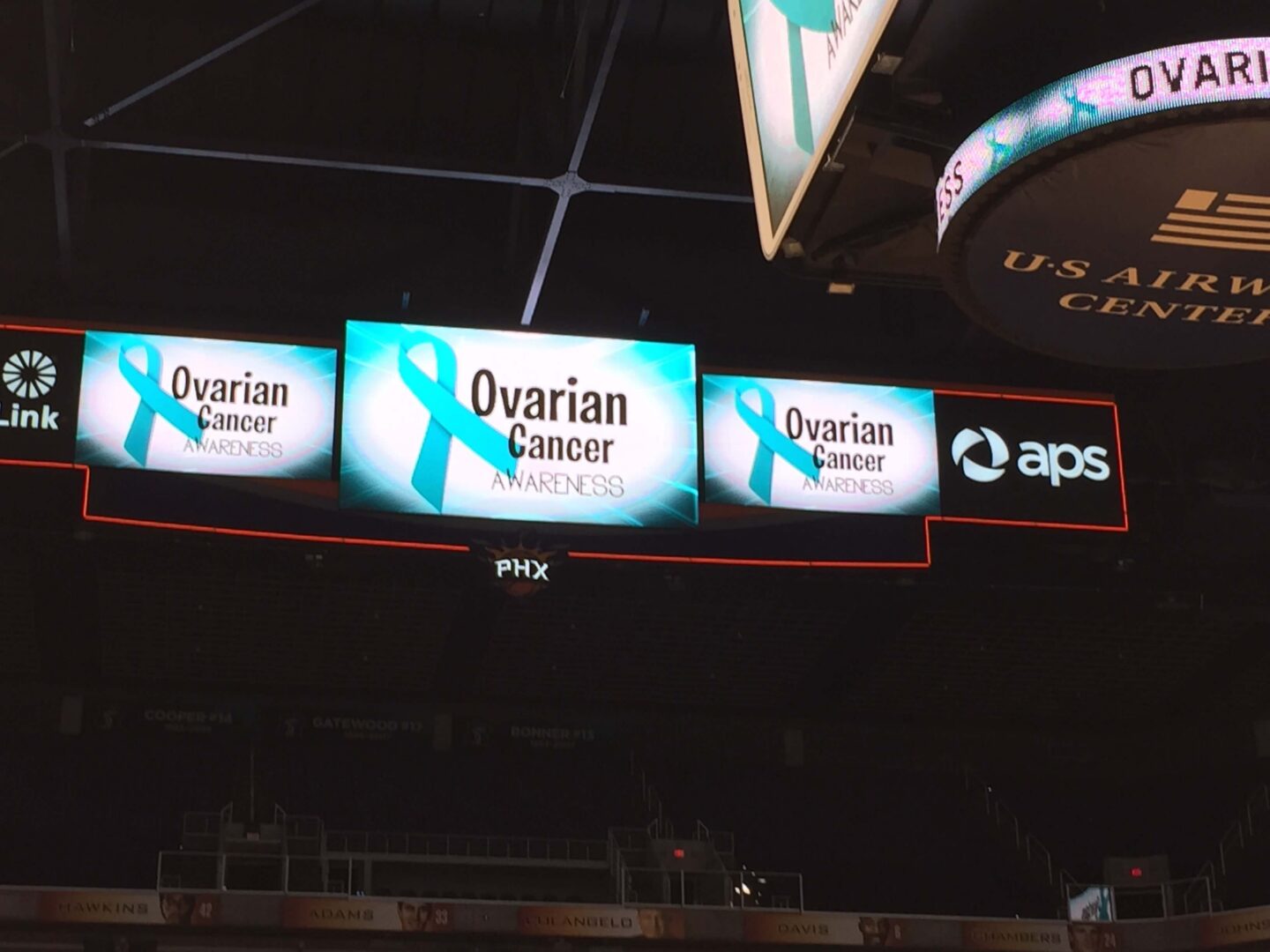 Ovarian Cancer Awareness signs in arena.